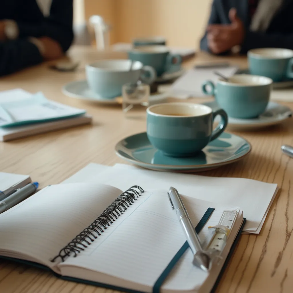 Tasses de café et carnets sur une table de réunion